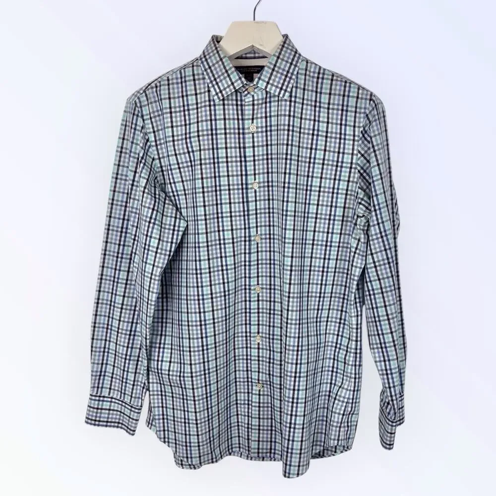 Banana Republic Blue & White Plaid Shirt Cotton Non Iron Slim Fit 16 -16 1/2